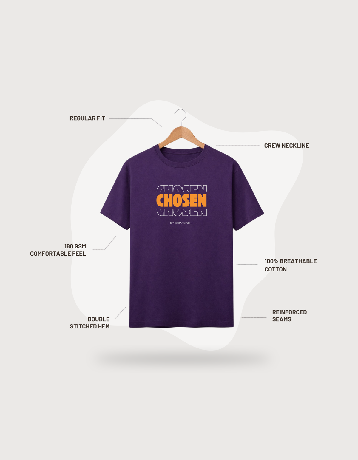 Men’s Christian “Chosen” T‑Shirt featuring bold scripture-inspired typography, premium cotton fabric, and clean studio lighting