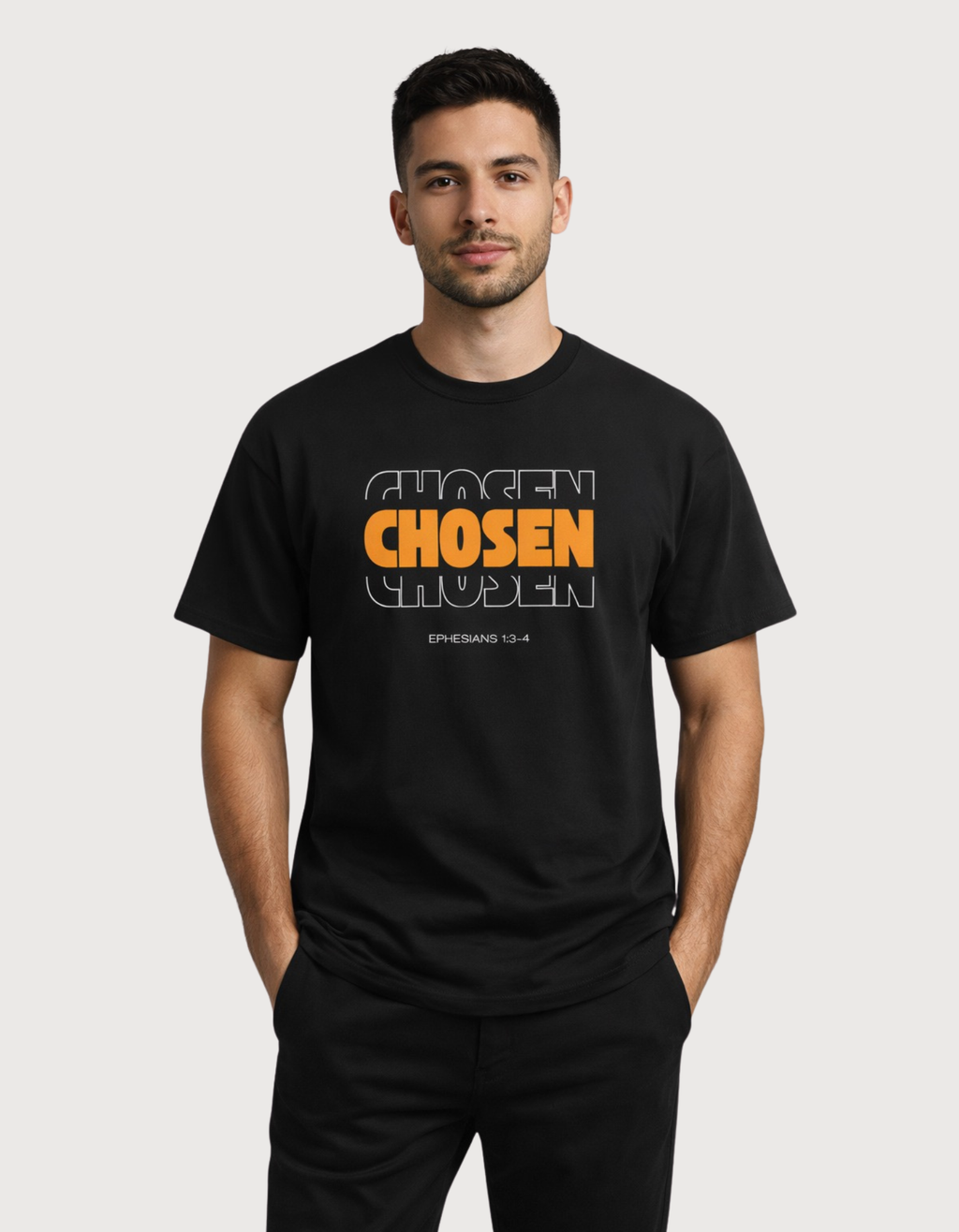 Men’s Christian “Chosen” T‑Shirt featuring bold scripture-inspired typography, premium cotton fabric, and clean studio lighting Black