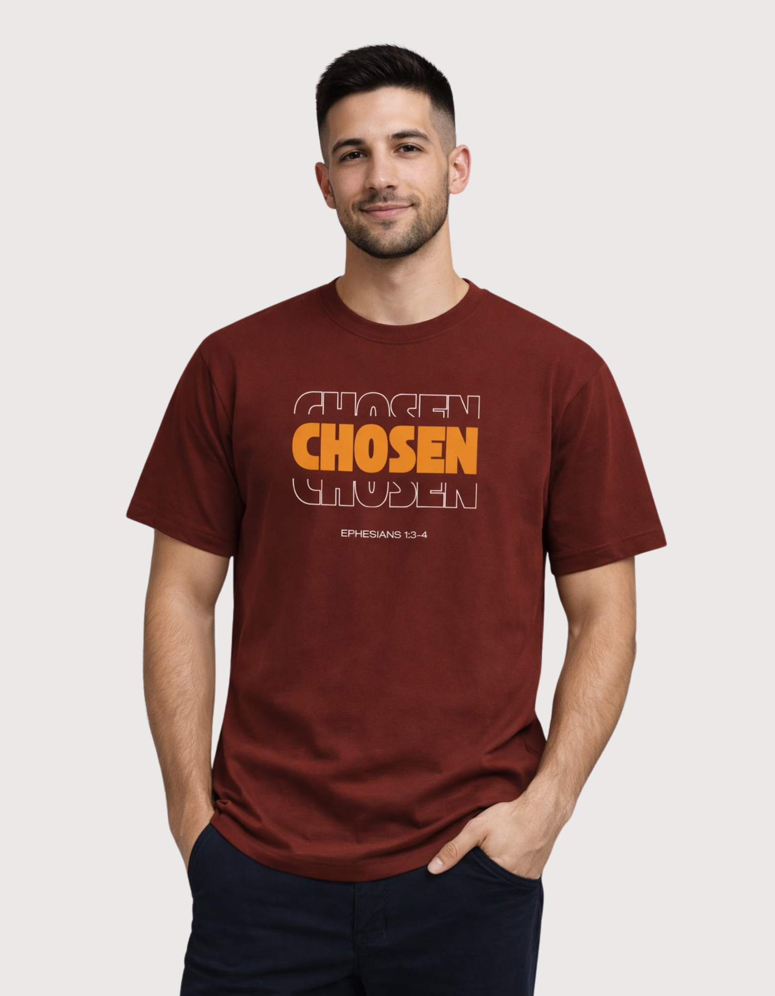 Men’s Christian “Chosen” T‑Shirt featuring bold scripture-inspired typography, premium cotton fabric, and clean studio lighting Brick_Red