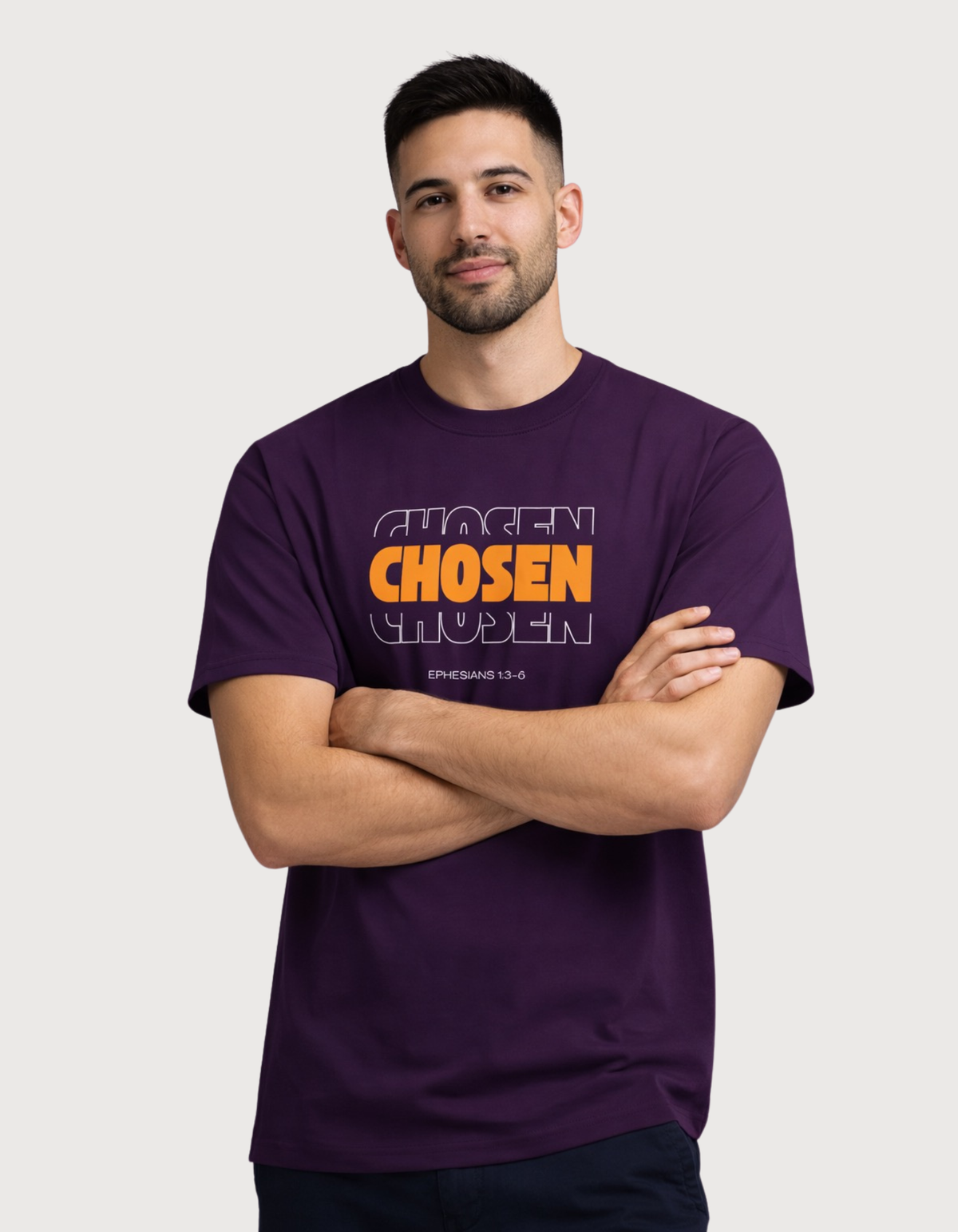 Men’s Christian “Chosen” T‑Shirt featuring bold scripture-inspired typography, premium cotton fabric, and clean studio lighting Purple