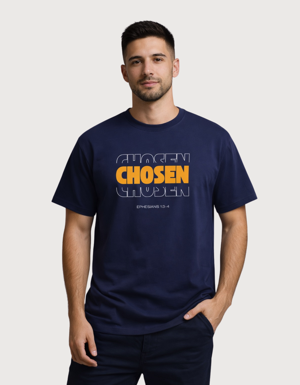 Men’s Christian “Chosen” T‑Shirt featuring bold scripture-inspired typography, premium cotton fabric, and clean studio lighting Royal_Blue